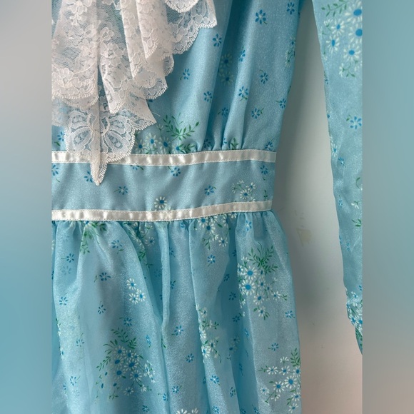 Vintage 70s Gunne Sax Style Blue Prairie Dress High Neck Lace Trim Cottagecore - Picture 7 of 15